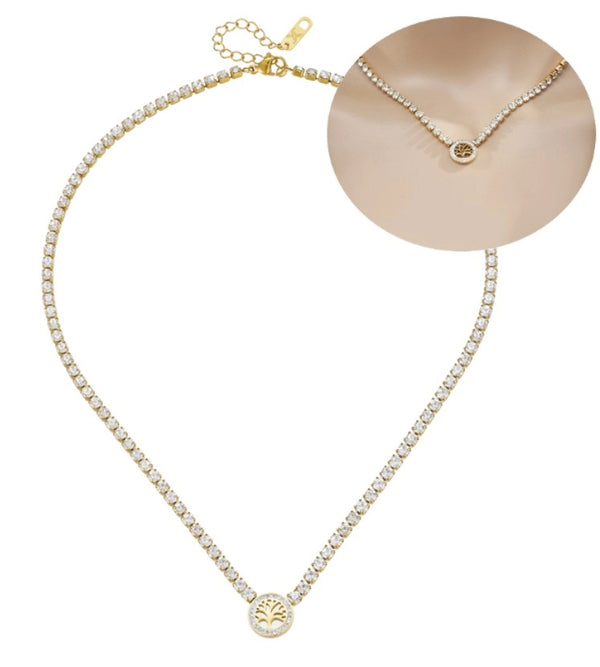 Auksinis kaklo papuošalas su medžio pakabuku ir cirkoniais