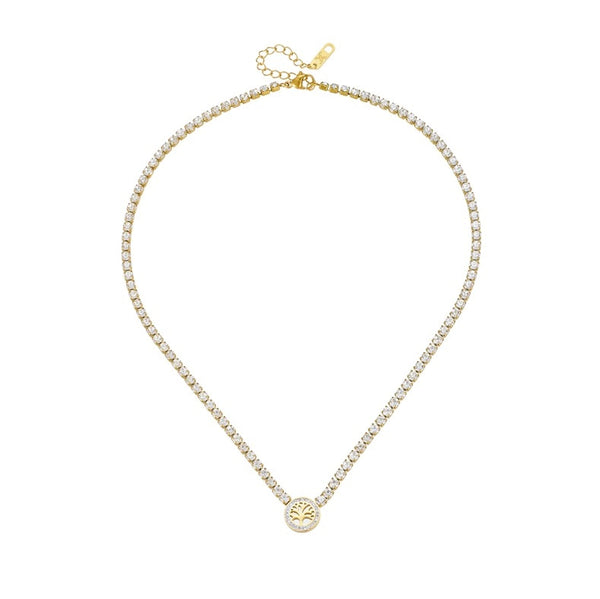 Auksinis kaklo papuošalas su medžio pakabuku ir cirkoniais