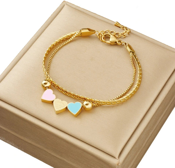 Dviguba auksinė apyrankė su širdelėmis, chirurginis plienas