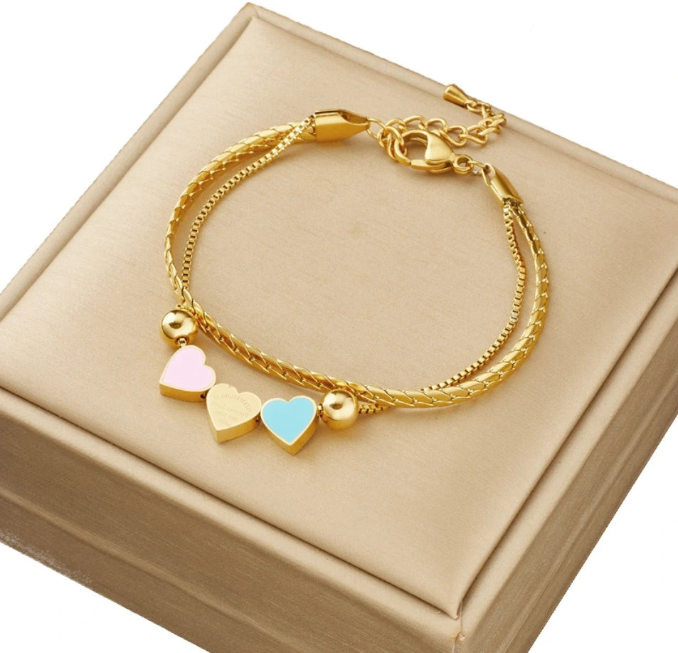 Dviguba auksinė apyrankė su širdelėmis, chirurginis plienas