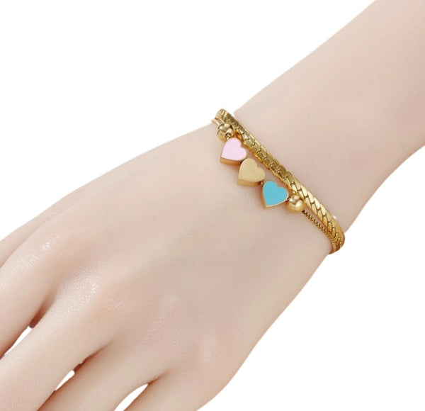 Dviguba auksinė apyrankė su širdelėmis, chirurginis plienas