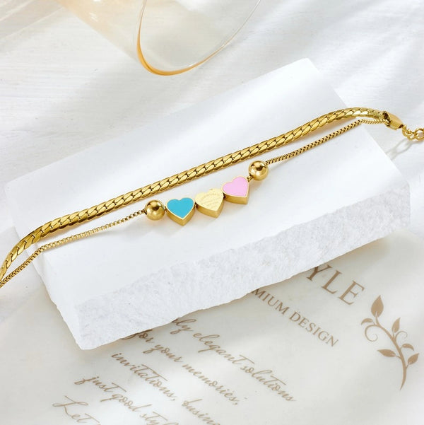 Dviguba auksinė apyrankė su širdelėmis, chirurginis plienas