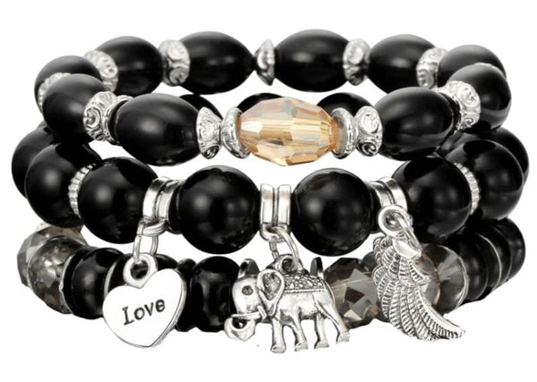 Apyrankių rinkinys su perlais ir pakabukais: sparnas, meilė, dramblys