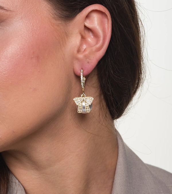 Moteriški auskarai su perlais ir dideliu kaspinu, auksinės spalvos