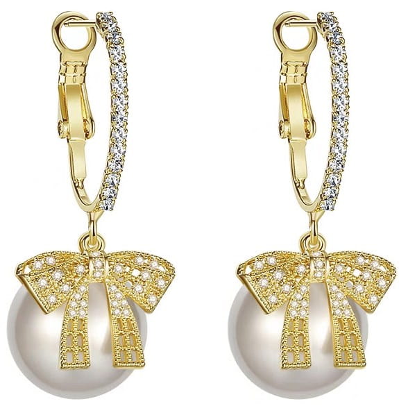 Moteriški auskarai su perlais ir dideliu kaspinu, auksinės spalvos