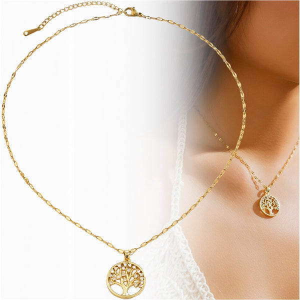 Elegantiškas auksinis kaklo papuošalas su medžio pakabuku