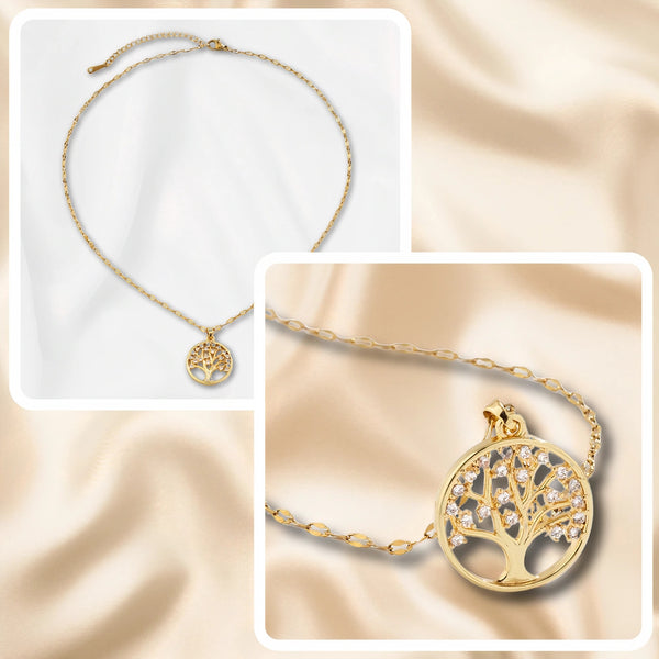 Elegantiškas auksinis kaklo papuošalas su medžio pakabuku