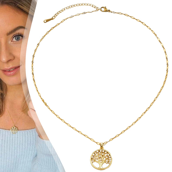 Elegantiškas auksinis kaklo papuošalas su medžio pakabuku
