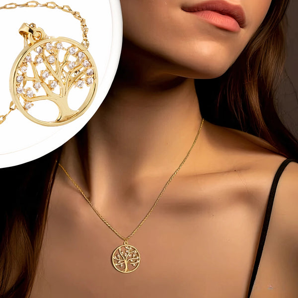 Elegantiškas auksinis kaklo papuošalas su medžio pakabuku