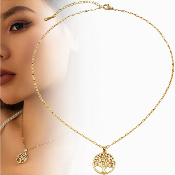 Elegantiškas auksinis kaklo papuošalas su medžio pakabuku
