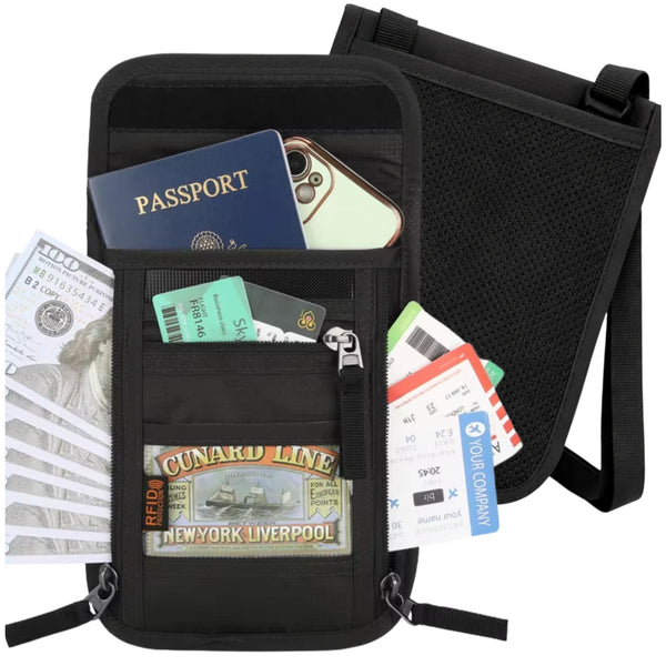 RFID dokumentų dėklas ant kaklo, juodas, poliesteris