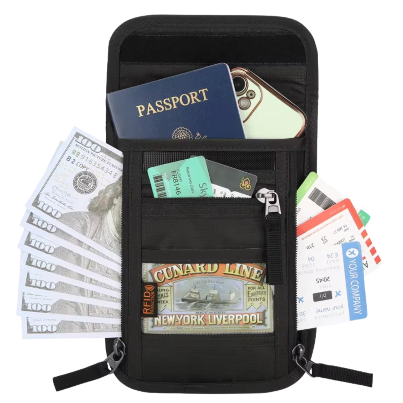 RFID dokumentų dėklas ant kaklo, juodas, poliesteris