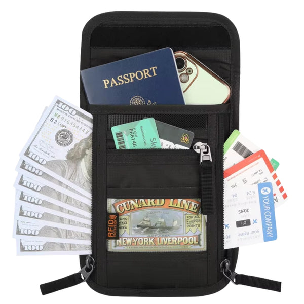 RFID dokumentų dėklas ant kaklo, juodas, poliesteris