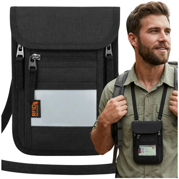 RFID dokumentų dėklas ant kaklo, juodas, poliesteris