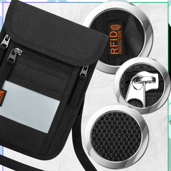 RFID dokumentų dėklas ant kaklo, juodas, poliesteris