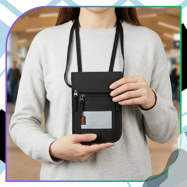 RFID dokumentų dėklas ant kaklo, juodas, poliesteris