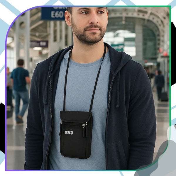 Kelioninė kaklo piniginė juoda RFID 15 x 19 cm D35
