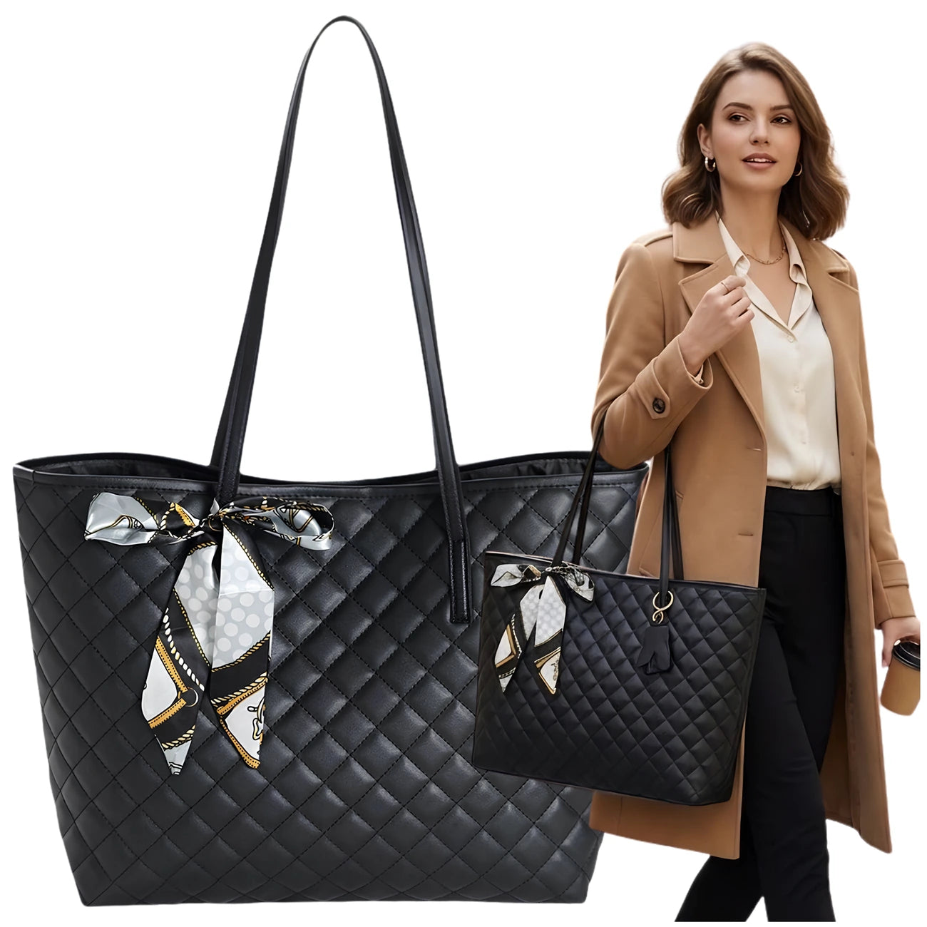 Didelė juoda dygsniuota shopper rankinė per petį