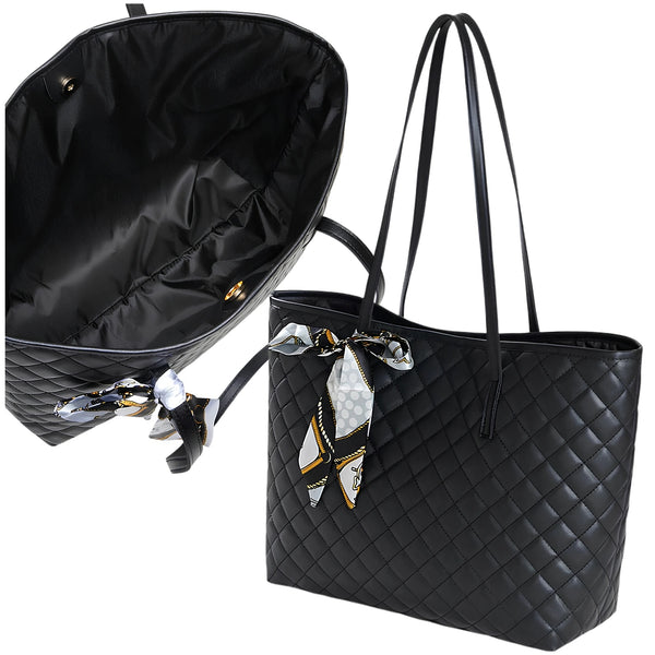 Didelė juoda dygsniuota shopper rankinė per petį