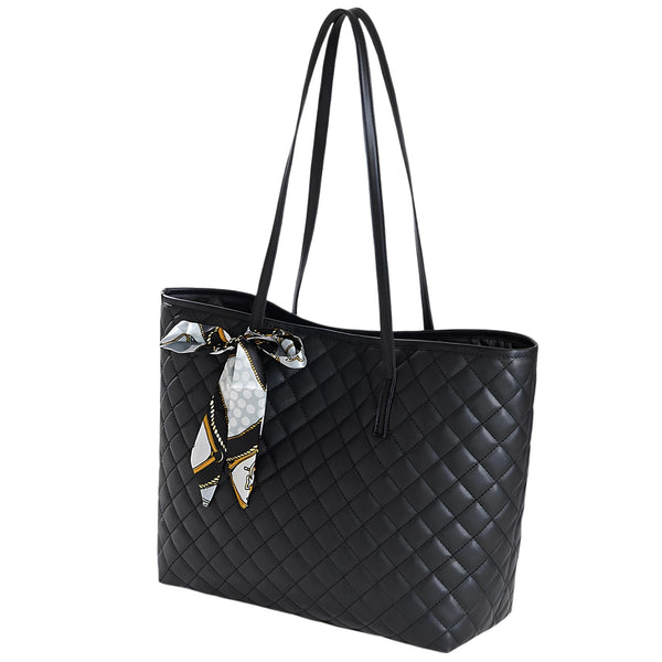 Didelė juoda dygsniuota shopper rankinė per petį