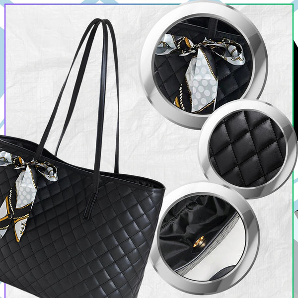 Didelė juoda dygsniuota shopper rankinė per petį