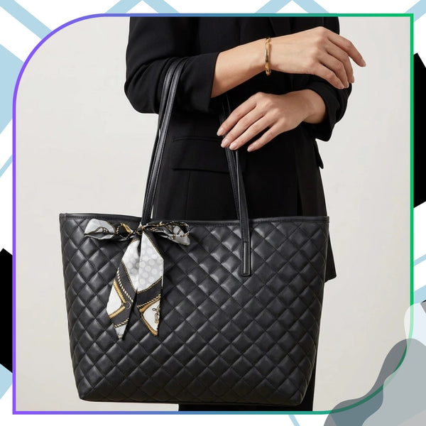 Didelė juoda dygsniuota shopper rankinė per petį