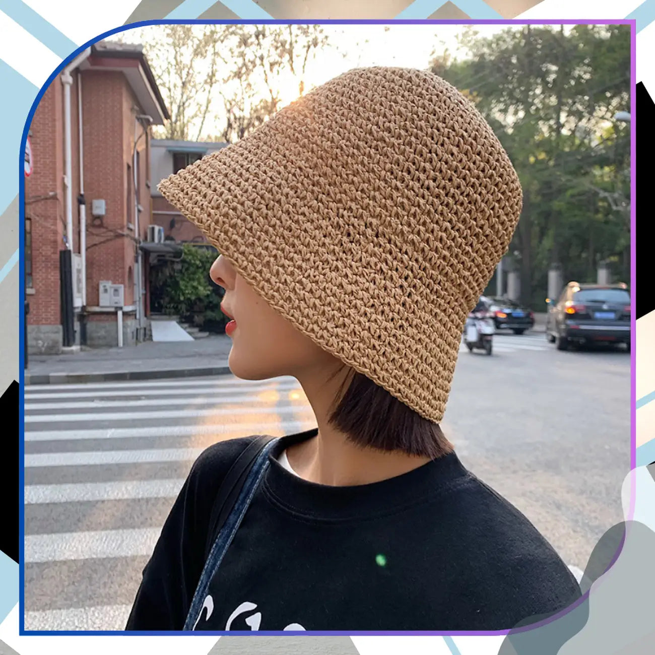 Moteriška bucket tipo skrybėlė, tamsios šiaudų spalvos