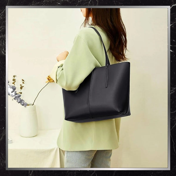 Moteriška odinė rankinė, juoda, shopper tipo
