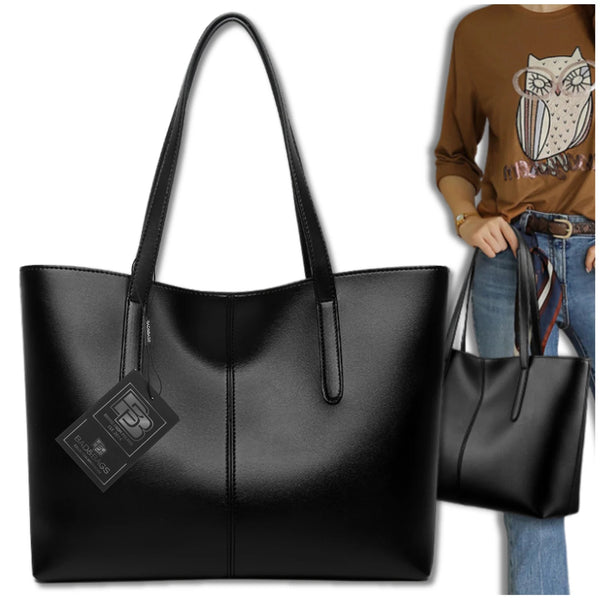 Moteriška odinė rankinė, juoda, shopper tipo