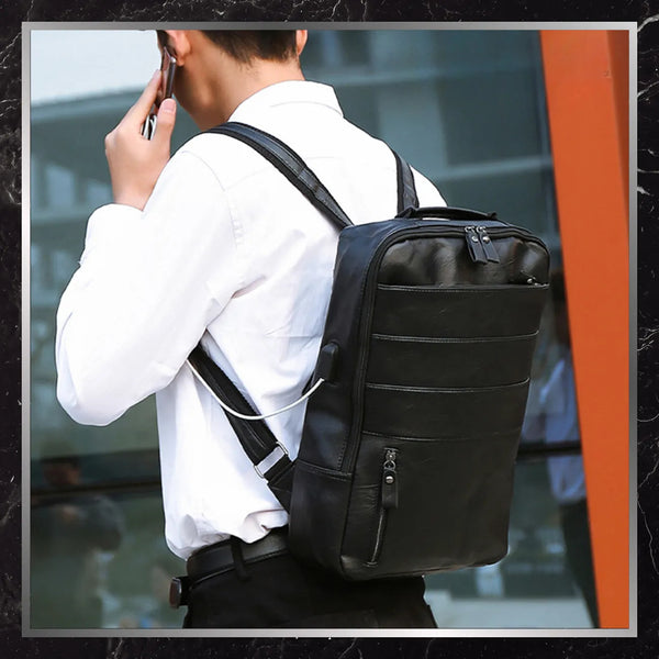 Vyriška odinė kuprinė, juoda, rankinis bagažas