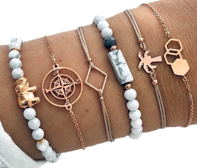 6 auksinių ir kreminių apyrankių rinkinys su drambliu ir palme