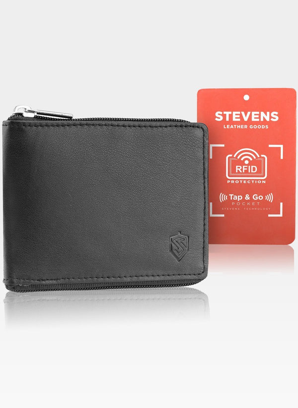 Didelė vyriška juodos odos piniginė STEVENS su RFID apsauga bei TAP &amp; GO užtrauktuku S1131