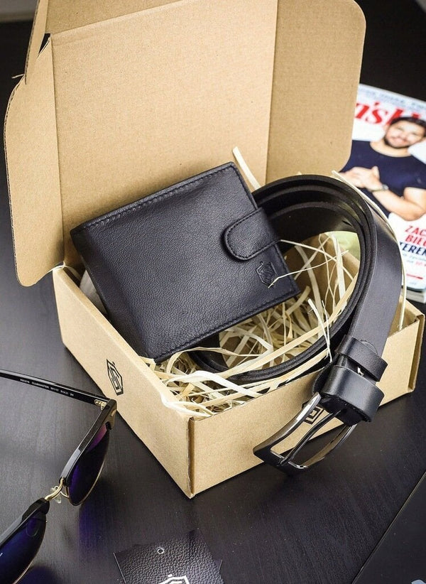 Dovanų rinkinys piniginė + diržas Stevens, juodas D190