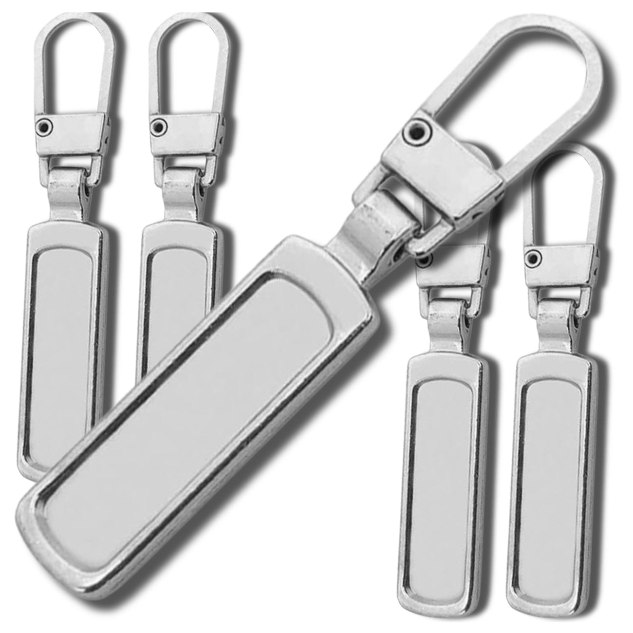 Metalinių užtrauktukų pakabukai, sidabriniai, 5 vnt.