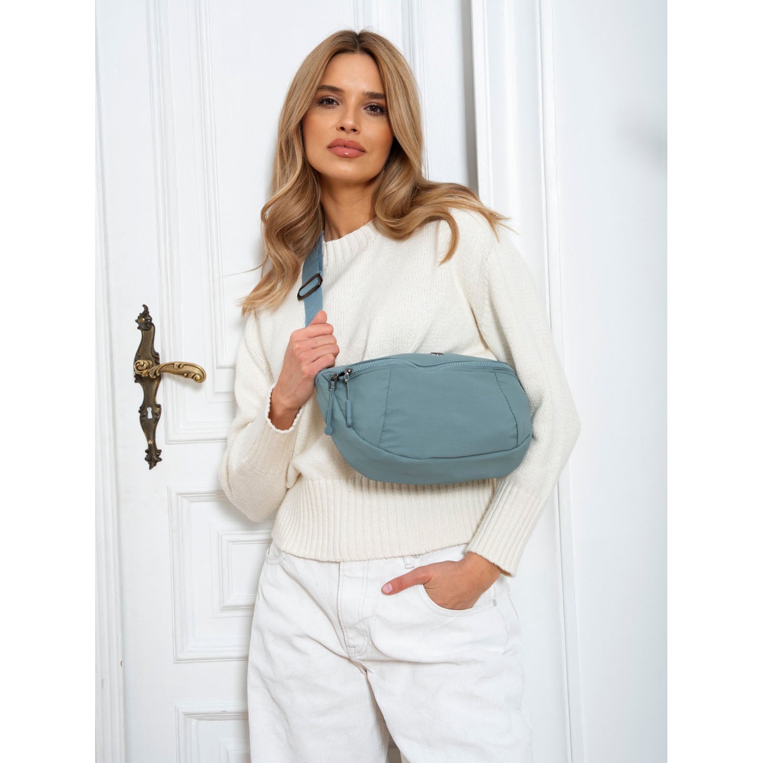 Moteriška dviejų skyrių rankinė, mėlyna, poliesteris R562