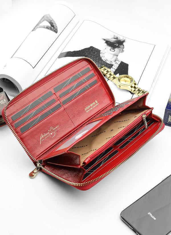 Moteriška odinė piniginė STEVENS raudona su RFID apsauga D1881