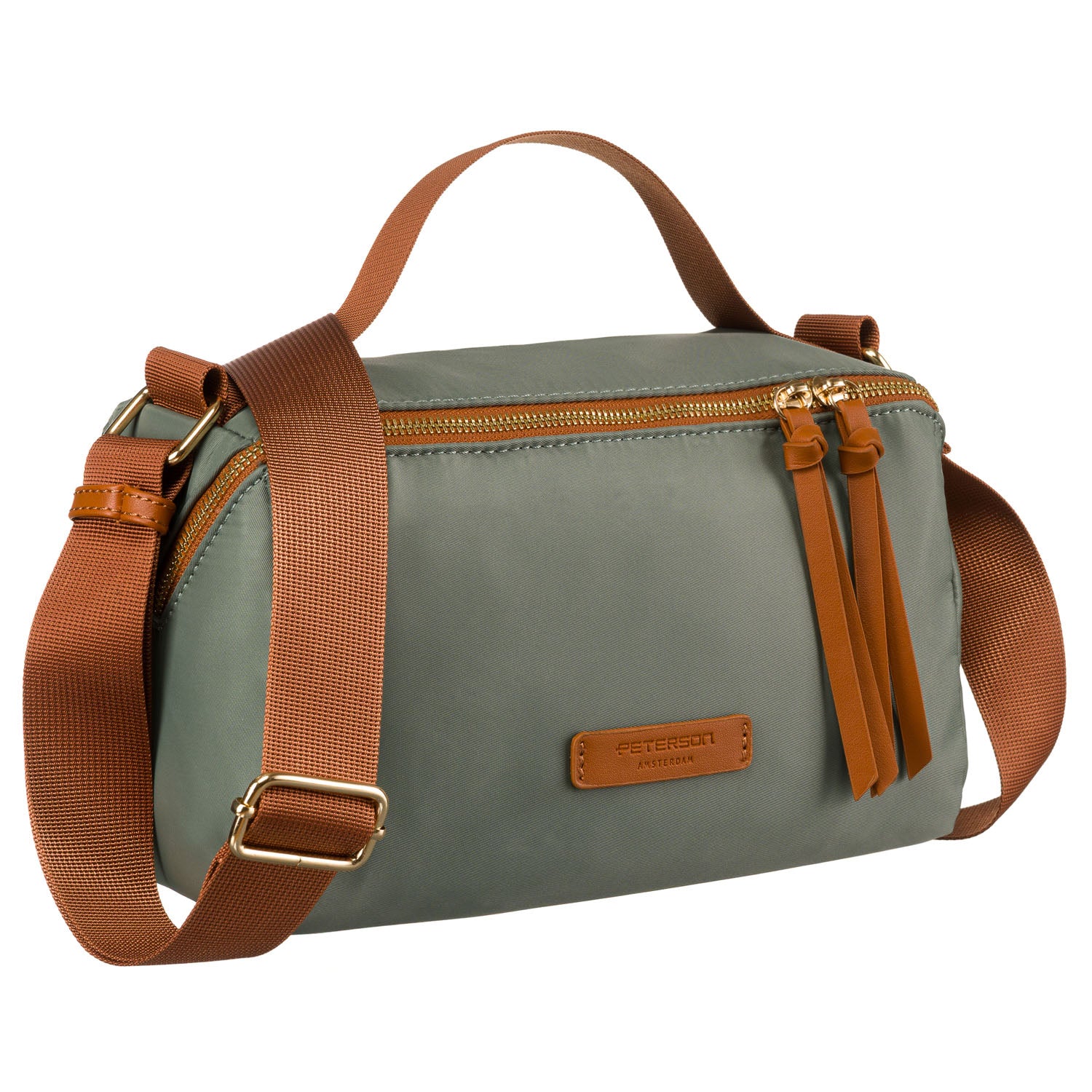 Moteriška rankinė per petį, žalia-ruda, nailonas ir dirbtinė oda R497