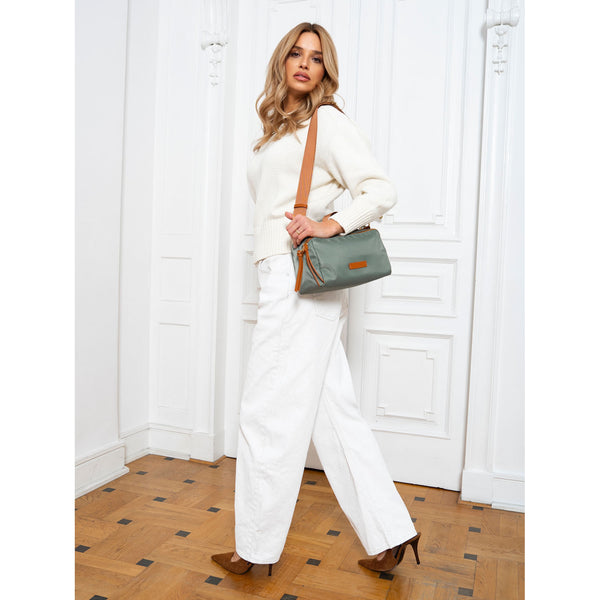 Moteriška rankinė per petį, žalia-ruda, nailonas ir dirbtinė oda R497