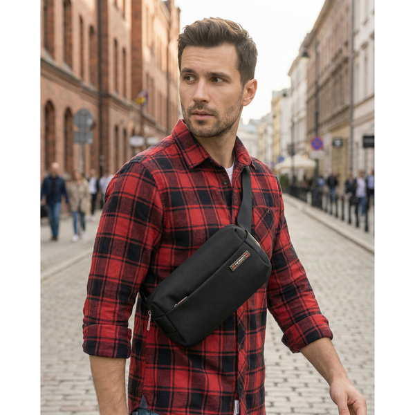 Vyriška maža juoda „Peterson“ lengva miesto rankinė per petį (crossbody), užsegama užtrauktuku, iš tekstilės D89