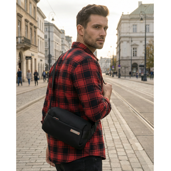 Vyriška maža juoda „Peterson“ lengva miesto rankinė per petį (crossbody), užsegama užtrauktuku, iš tekstilės D89