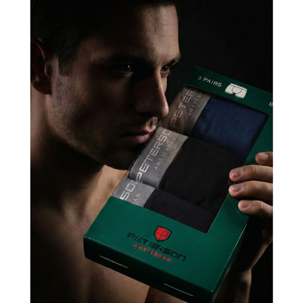 Vyriški medvilniniai bokseriai „Peterson“, 3 porų rinkinys, M dydis, juodi ir tamsiai mėlyni D84