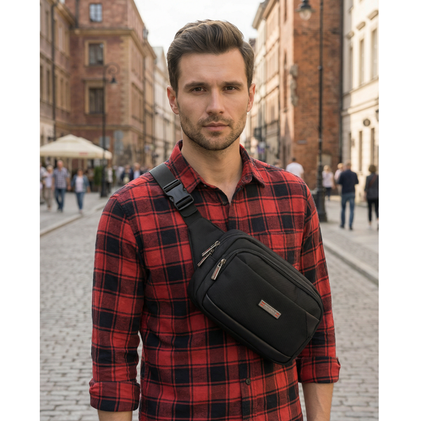 Vyriška „Peterson“ lengva juoda crossbody rankinė per petį su užtrauktuku, iš tekstilės D91