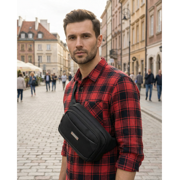 Vyriška „Peterson“ lengva juoda crossbody rankinė per petį su užtrauktuku, iš tekstilės D91