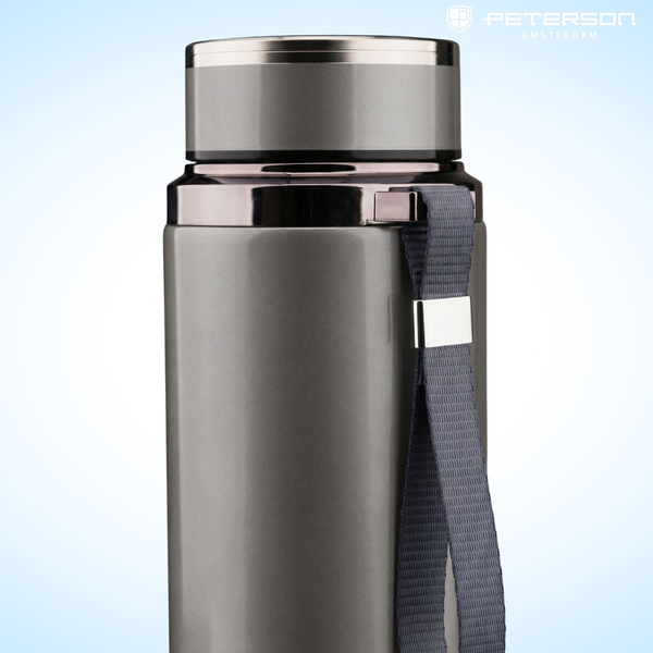 „Peterson“ plieninis termopuodelis 750 ml su arbatos sieteliu, sidabrinis, karštiems ir šaltiems gėrimams D87