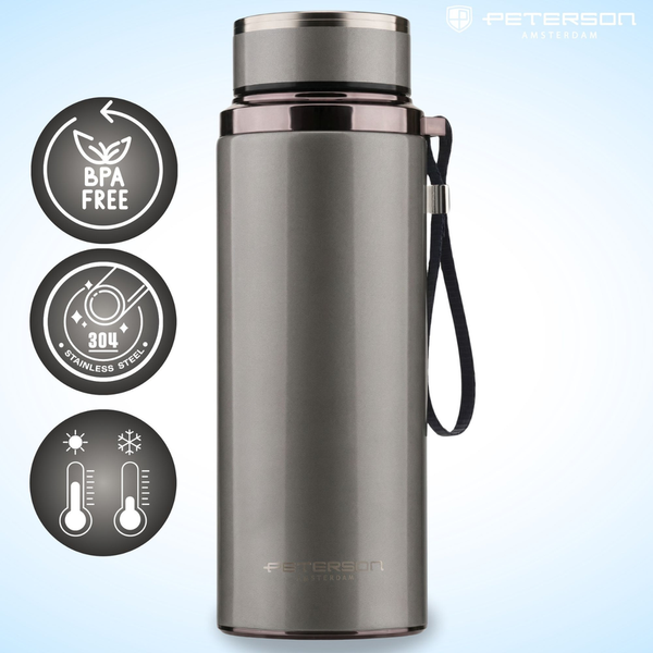 „Peterson“ plieninis termopuodelis 750 ml su arbatos sieteliu, sidabrinis, karštiems ir šaltiems gėrimams D87