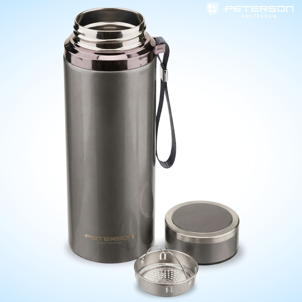 „Peterson“ plieninis termopuodelis 750 ml su arbatos sieteliu, sidabrinis, karštiems ir šaltiems gėrimams D87