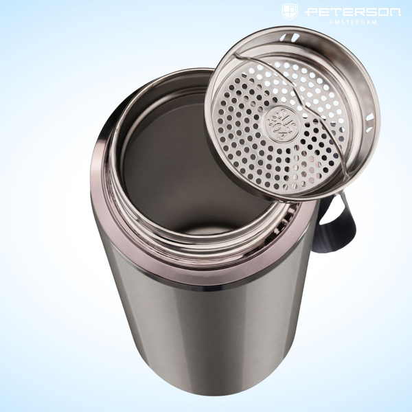 „Peterson“ plieninis termopuodelis 750 ml su arbatos sieteliu, sidabrinis, karštiems ir šaltiems gėrimams D87