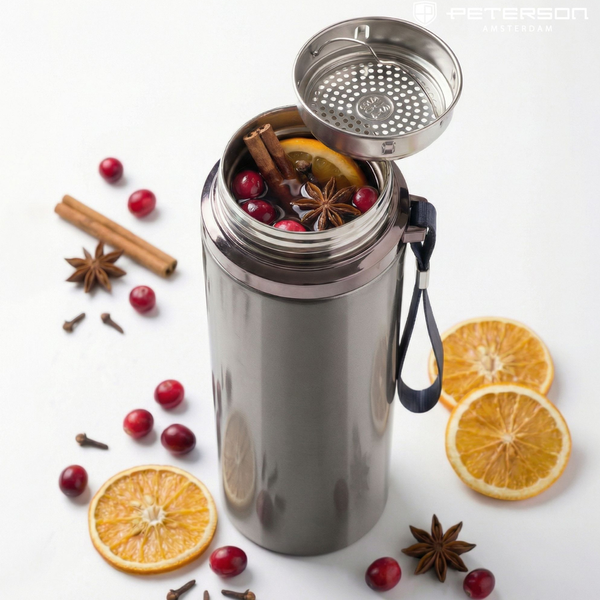 „Peterson“ plieninis termopuodelis 750 ml su arbatos sieteliu, sidabrinis, karštiems ir šaltiems gėrimams D87