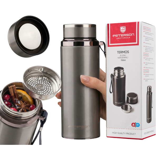 „Peterson“ plieninis termopuodelis 750 ml su arbatos sieteliu, sidabrinis, karštiems ir šaltiems gėrimams D87