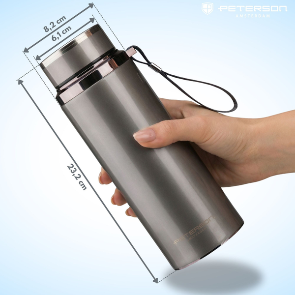 „Peterson“ plieninis termopuodelis 750 ml su arbatos sieteliu, sidabrinis, karštiems ir šaltiems gėrimams D87